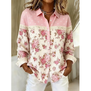 Women Floral Long Sleeve Shirt Spring/Fall Buckle Shirt Collar Regular Sleeve Daily Casual Top