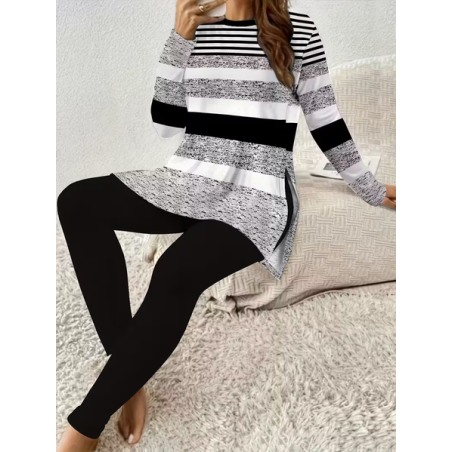 Women Striped Printing Two-Piece Set Daily Long Sleeve Casual Spring/Fall Top With Pants Matching Set
