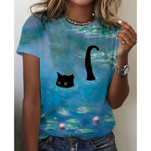 Women's Cat Short Sleeve Tee T-shirt Crew Neck Casual Summer Top
