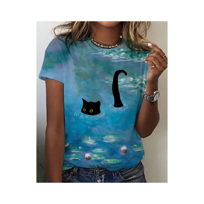 Women's Cat Short Sleeve Tee T-shirt Crew Neck Casual Summer Top