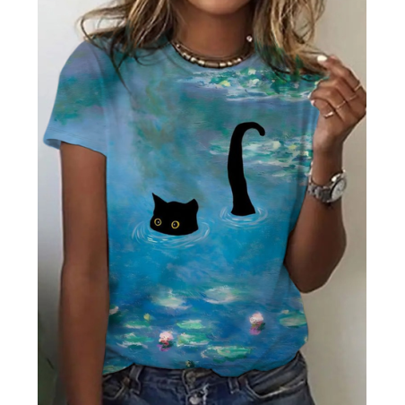 Women's Cat Short Sleeve Tee T-shirt Crew Neck Casual Summer Top