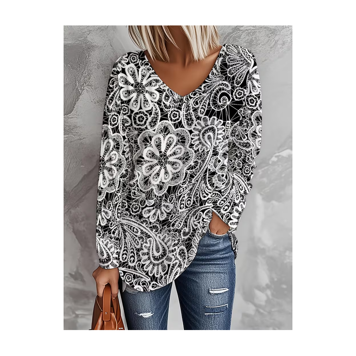 Women Floral Long Sleeve Tee T-shirt V Neck Printing Casual Spring/Fall Graphic Tee Top