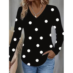Women Polka Dots Long Sleeve Tee T-shirt V Neck Printing Casual Spring/Fall Graphic Tee Top