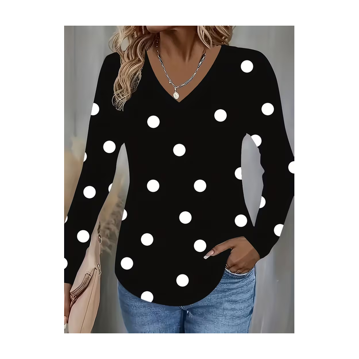 Women Polka Dots Long Sleeve Tee T-shirt V Neck Printing Casual Spring/Fall Graphic Tee Top
