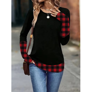 Women Plaid Long Sleeve Tee T-shirt Crew Neck Casual Spring/Fall Tunic Top