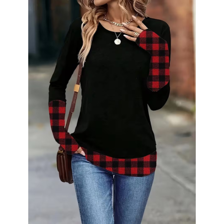 Women Plaid Long Sleeve Tee T-shirt Crew Neck Casual Spring/Fall Tunic Top
