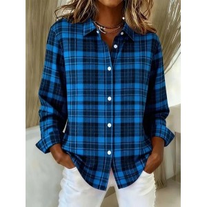 Women Plaid Long Sleeve Shirt Spring/Fall Buckle Shirt Collar Regular Sleeve Daily Casual Top