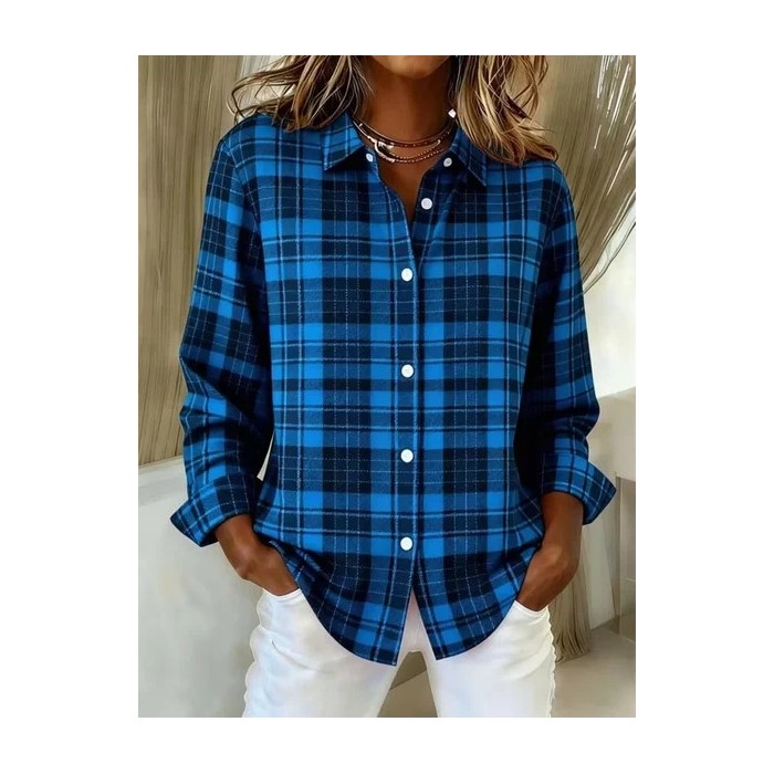 Women Plaid Long Sleeve Shirt Spring/Fall Buckle Shirt Collar Regular Sleeve Daily Casual Top