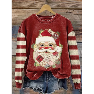 Women Striped Crew Neck Printing Casual Spring/Fall Long Sleeve Sweatshirt