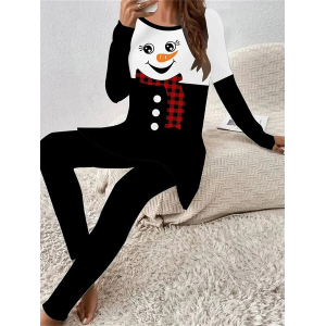 Women Christmas Snowman Printing Two-Piece Set Daily Long Sleeve Casual Spring/Fall Top With Pants Matching Set