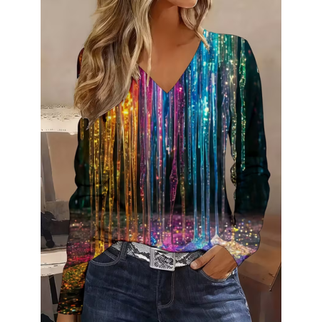 Women Abstract Long Sleeve Tee T-shirt V Neck Printing Casual Spring/Fall Graphic Tee Top