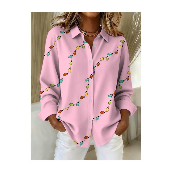 Women Christmas Long Sleeve Shirt Spring/Fall Buckle Shirt Collar Regular Sleeve Daily Casual Top