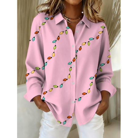 Women Christmas Long Sleeve Shirt Spring/Fall Buckle Shirt Collar Regular Sleeve Daily Casual Top