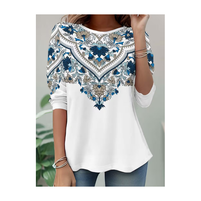 Women Ethnic Long Sleeve Tee T-shirt Crew Neck Casual Spring/Fall Tunic Top