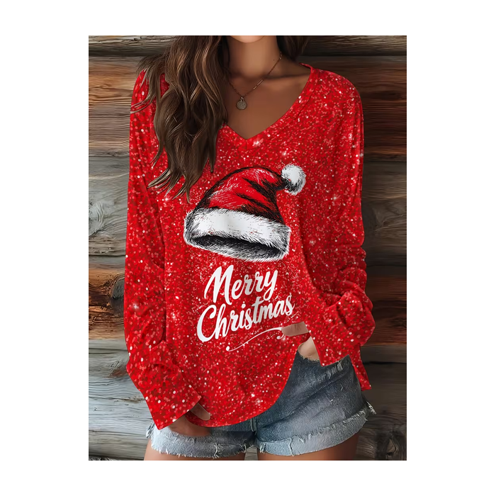 Women Christmas Long Sleeve Tee T-shirt V Neck Printing Casual Spring/Fall Graphic Tee Top
