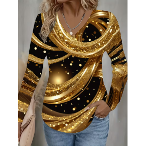 Women Abstract Long Sleeve Tee T-shirt V Neck Printing Casual Spring/Fall Graphic Tee Top