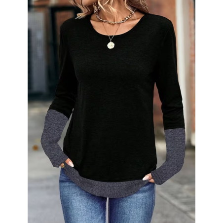 Women Contrast Stitching Long Sleeve Tee T-shirt Crew Neck Casual Spring/Fall Tunic Top