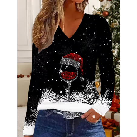 Women Christmas Long Sleeve Tee T-shirt V Neck Printing Casual Spring/Fall Graphic Tee Top