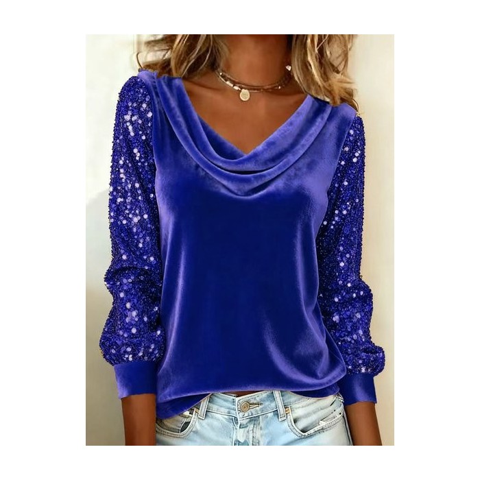 Women Plain Long Sleeve Tee T-shirt Cowl Neck Split Joint Vintage Spring/Fall Top