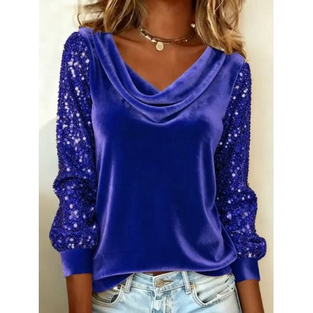 Women Plain Long Sleeve Tee T-shirt Cowl Neck Split Joint Vintage Spring/Fall Top