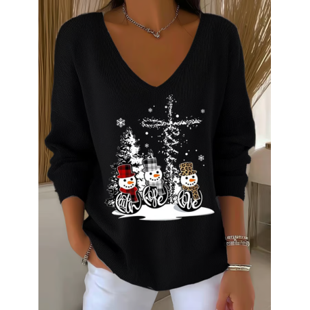Women Christmas Snowman Long Sleeve Tee T-shirt V Neck Printing Casual Spring/Fall Top