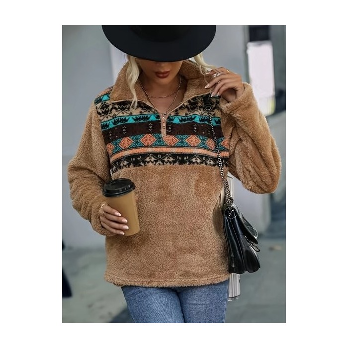 Women Geometric Stand Collar Printing Vintage Spring/Fall Long Sleeve Sweatshirt