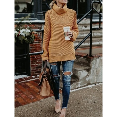 Women Plain Split Joint Winter Street Long Sleeve Turtleneck Sweater