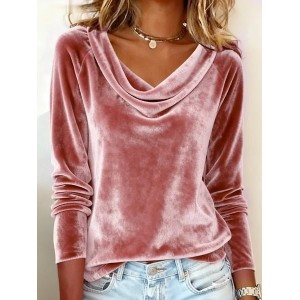 Women Plain Long Sleeve Tee T-shirt Cowl Neck Gathered Vintage Spring/Fall Top