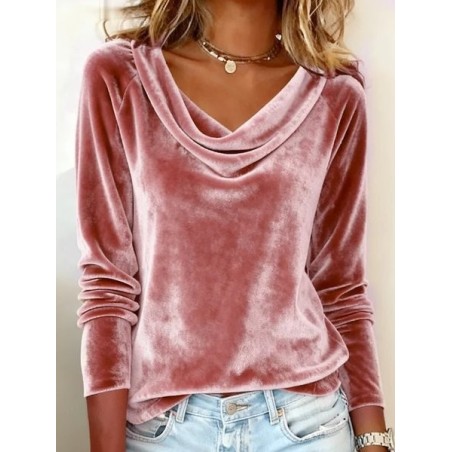 Women Plain Long Sleeve Tee T-shirt Cowl Neck Gathered Vintage Spring/Fall Top