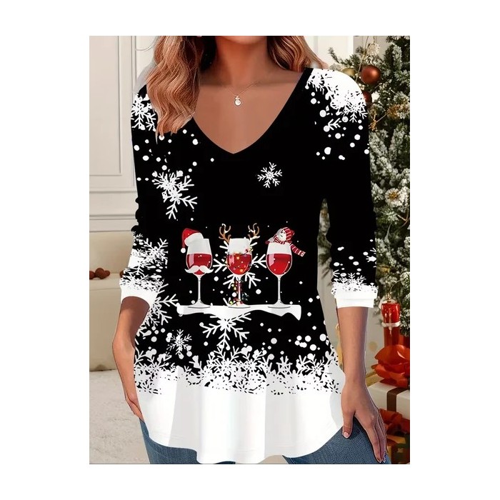 Women Christmas Long Sleeve Tee T-shirt V Neck Printing Casual Spring/Fall Graphic Tee Top
