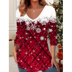 Women Christmas Long Sleeve Tee T-shirt V Neck Printing Casual Spring/Fall Graphic Tee Top