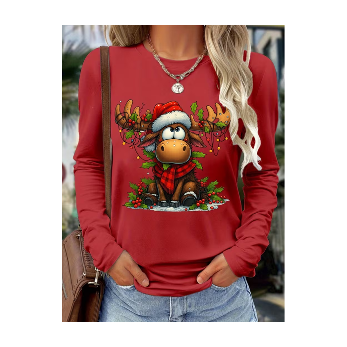 Women Christmas Long Sleeve Tee T-shirt Crew Neck Casual Spring/Fall Tunic Top