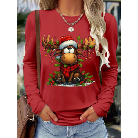 Women Christmas Long Sleeve Tee T-shirt Crew Neck Casual Spring/Fall Tunic Top