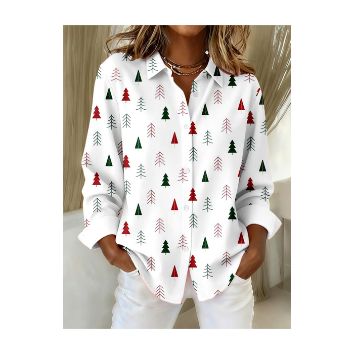 Women Christmas Long Sleeve Shirt Spring/Fall Buckle Shirt Collar Regular Sleeve Daily Casual Top