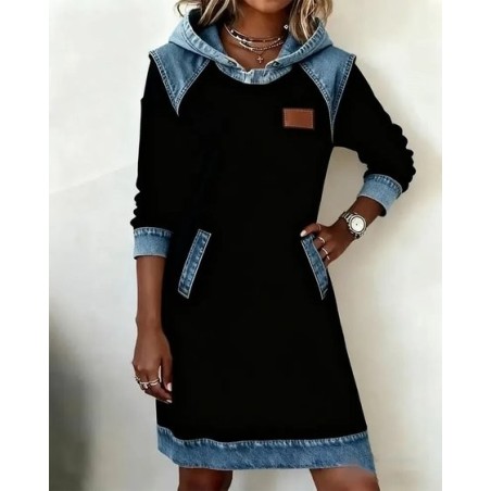 Women Multicolor Block Long Sleeve All Season Dress Hoodie Daily Casual Midi H-Line Dress
