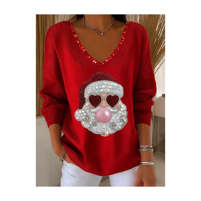 Women Santa Claus Long Sleeve Tee T-shirt V Neck Printing Casual Spring/Fall Top