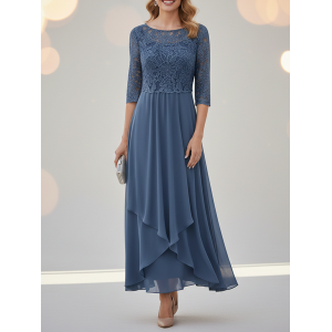 Women Plain Half Sleeve Summer Lace Dress Crew Neck Holiday Elegant Midi Swing X-Line Dress