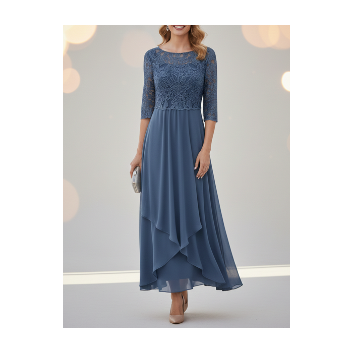 Women Plain Half Sleeve Summer Lace Dress Crew Neck Holiday Elegant Midi Swing X-Line Dress
