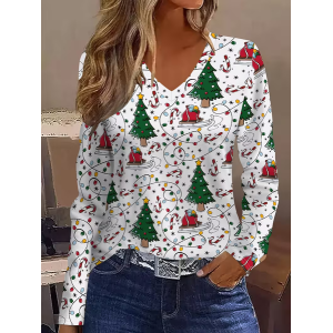 Women Christmas Long Sleeve Tee T-shirt V Neck Printing Casual Spring/Fall Graphic Tee Top