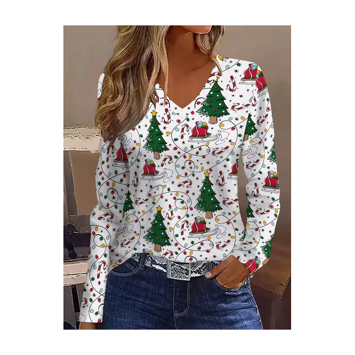 Women Christmas Long Sleeve Tee T-shirt V Neck Printing Casual Spring/Fall Graphic Tee Top
