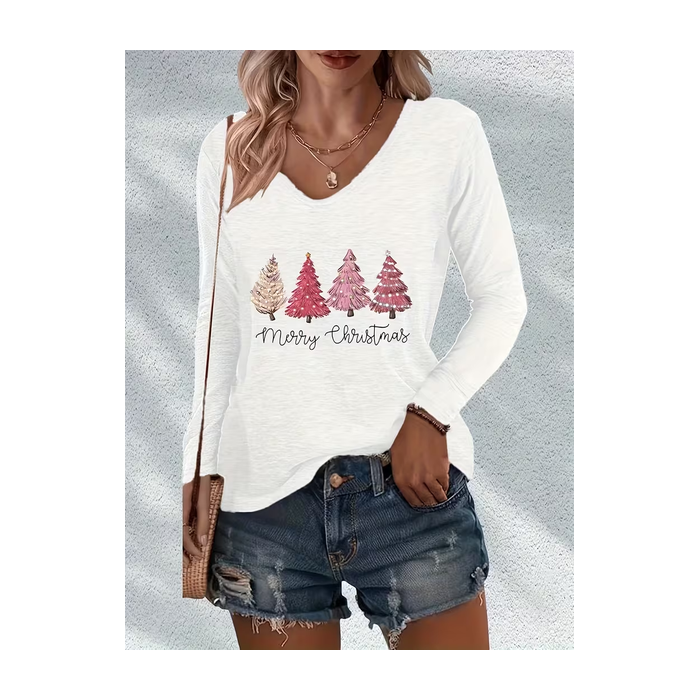 Women Christmas Long Sleeve Tee T-shirt V Neck Printing Casual Spring/Fall Graphic Tee Top