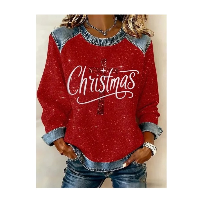 Women Christmas Crew Neck Printing Vintage Spring/Fall Long Sleeve Sweatshirt