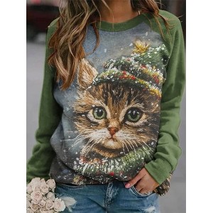Women Color Block Crew Neck Printing Casual Spring/Fall Long Sleeve Sweatshirt