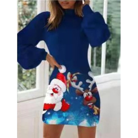Women Christmas Snowman Long Sleeve Spring/Fall Printing Dress Crew Neck Balloon Sleeve Daily Casual Midi Hip Skirt A-Line Dress