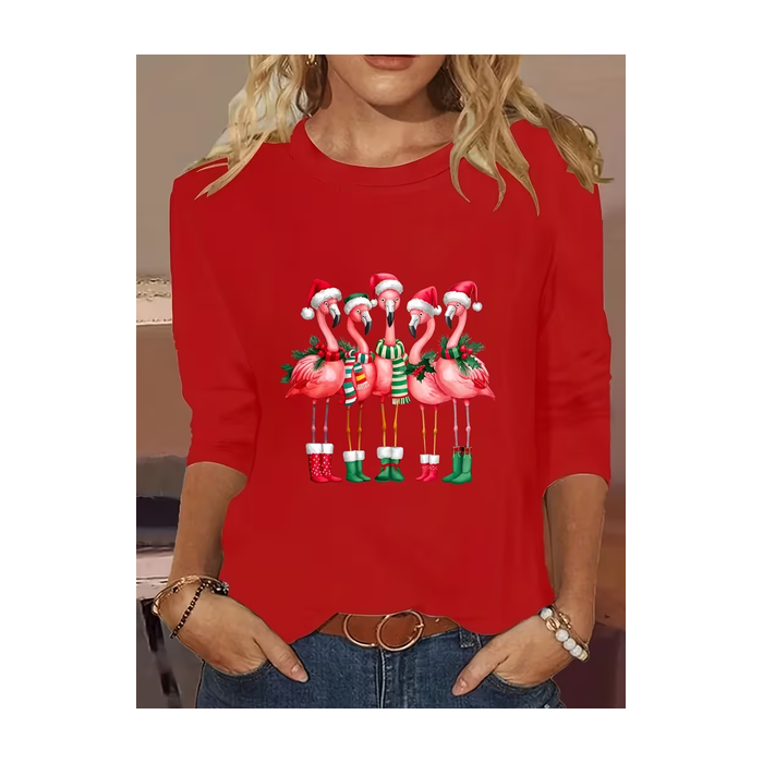 Women Flamingo Long Sleeve Tee T-shirt Crew Neck Printing Casual Spring/Fall Graphic Tee Top