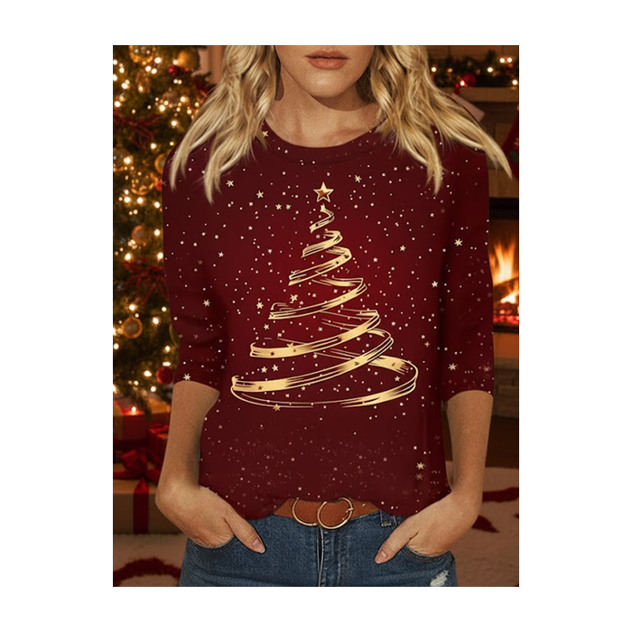 Women Christmas Long Sleeve Tee T-shirt Crew Neck Printing Casual Spring/Fall Graphic Tee Top
