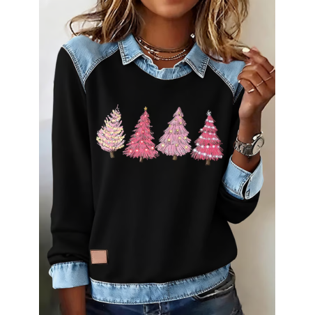 Women Christmas Shawl Collar Vintage Spring/Fall Long Sleeve Sweatshirt