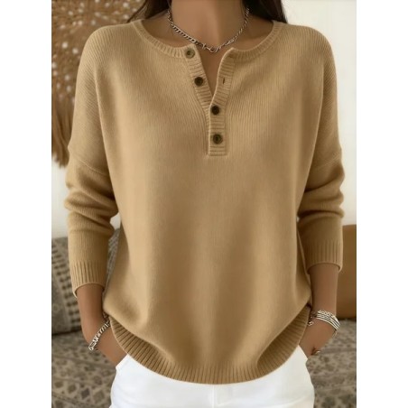 Women Plain Spring/Fall Casual Long Sleeve Henley Collar Cotton Sweater