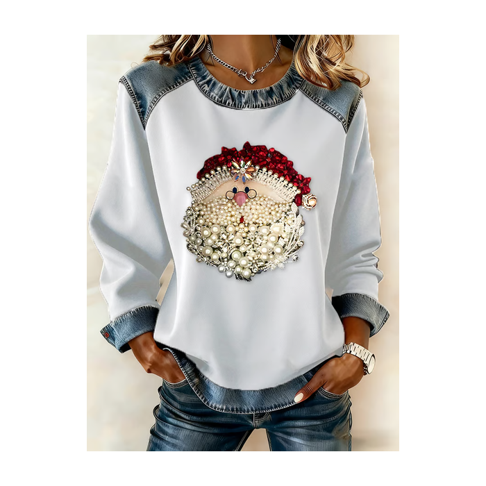 Women Santa Claus Crew Neck Printing Vintage Spring/Fall Long Sleeve Sweatshirt