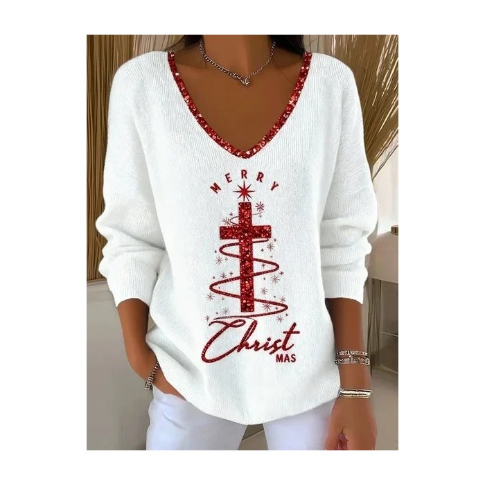 Women Christmas Long Sleeve Tee T-shirt V Neck Printing Casual Spring/Fall Top